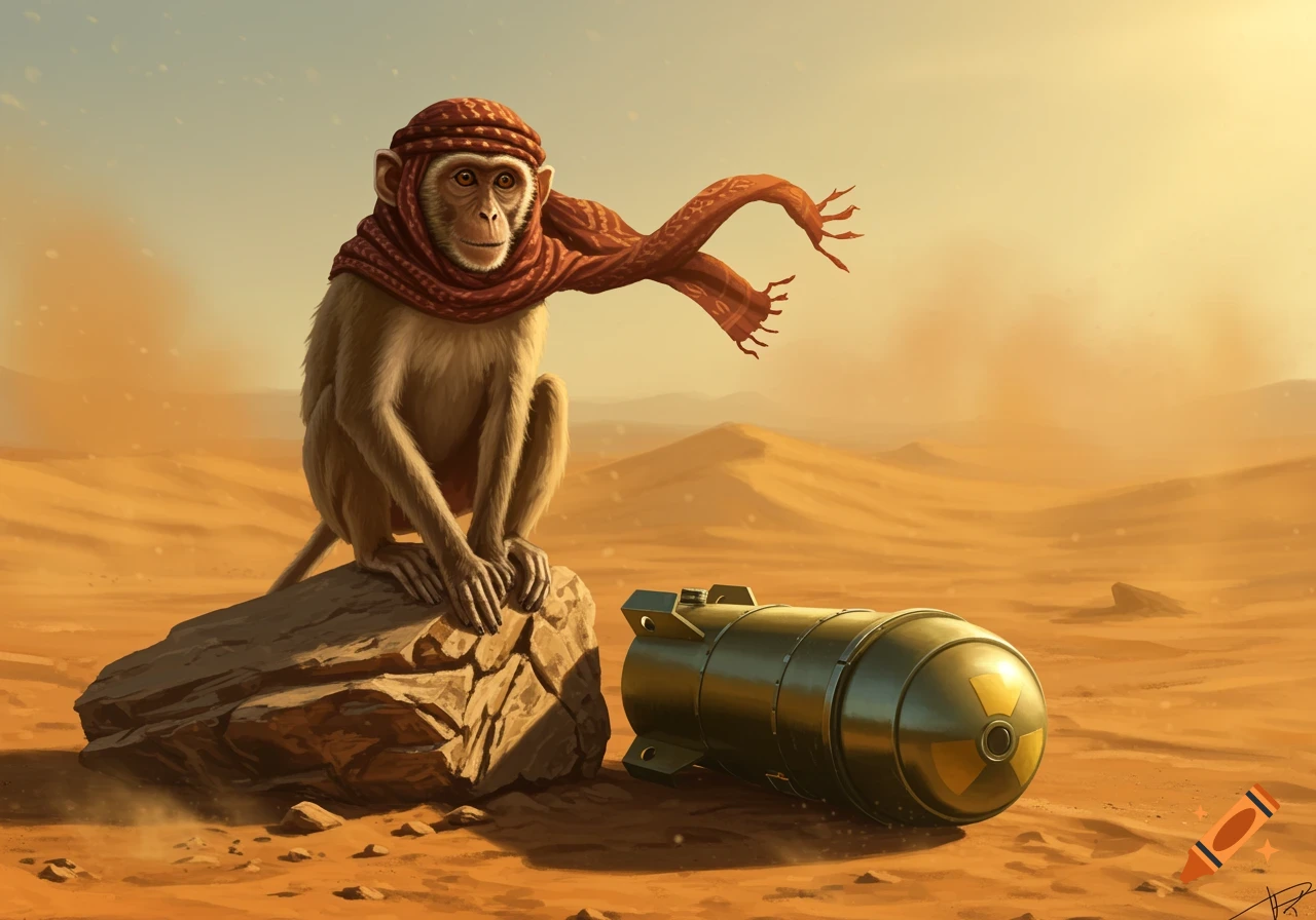 A monkey wearing a red and white patterned headwrap sits on a rock in a sandy desert next to a nuclear bomb, digital painting.