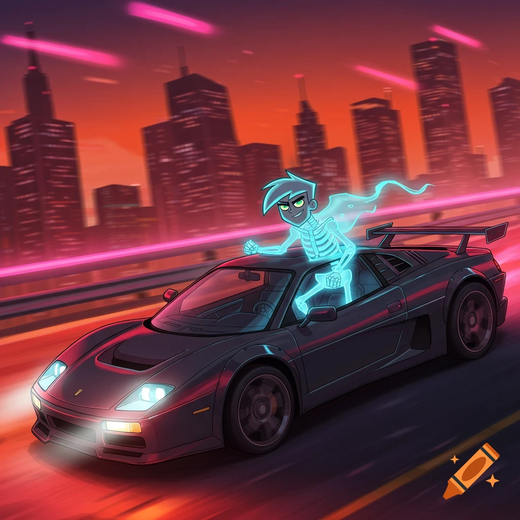 Danny Phantom as a glowing ghost emerges from a black supercar on a highway in a neon-lit city, cartoon style.