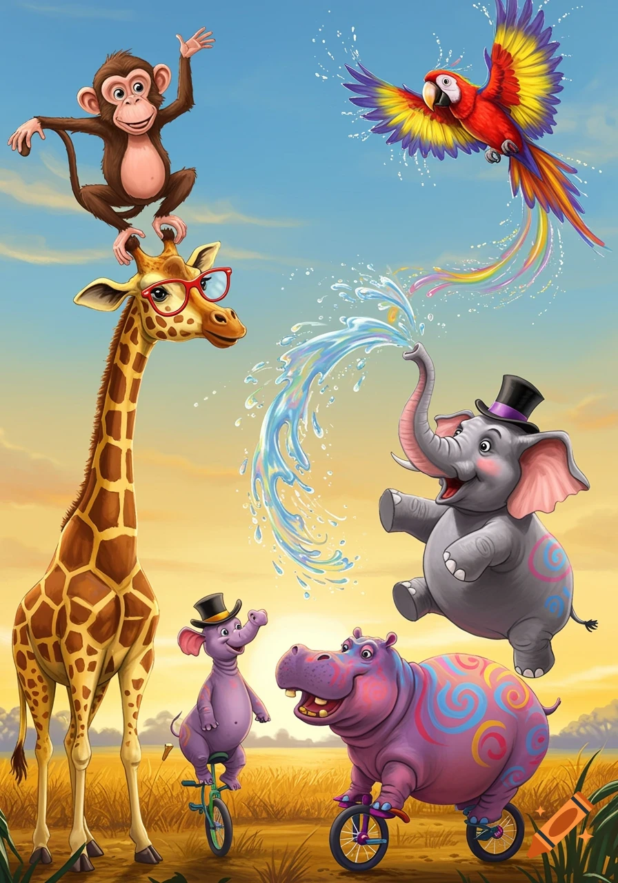 Vibrant cartoon scene with a monkey on a giraffe's head, an elephant spraying rainbow water, and two animals riding bikes in a field.