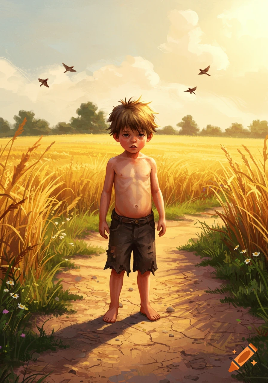 A young boy with dirty hair and torn shorts stands barefoot on a dirt path in a golden wheat field, birds fly in the sunny sky above.