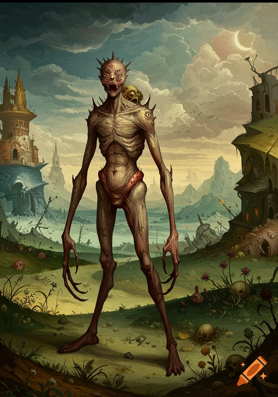 A grotesque, emaciated, multi-eyed creature with spikes and long claws stands in a desolate landscape with ruins under a cloudy sky.