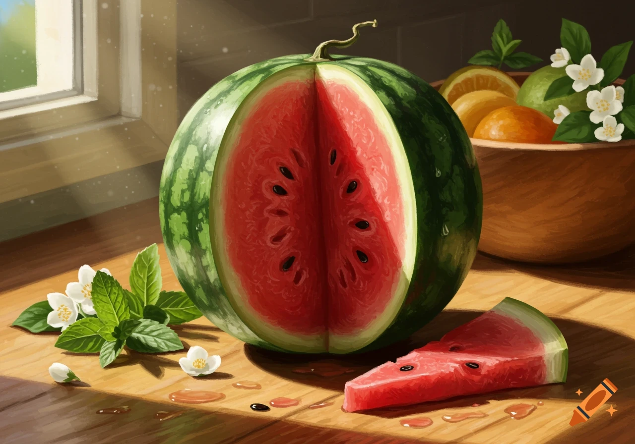 A still life painting of a sliced watermelon, mint, jasmine flowers, and a bowl of citrus fruits on a sunlit wooden table.
