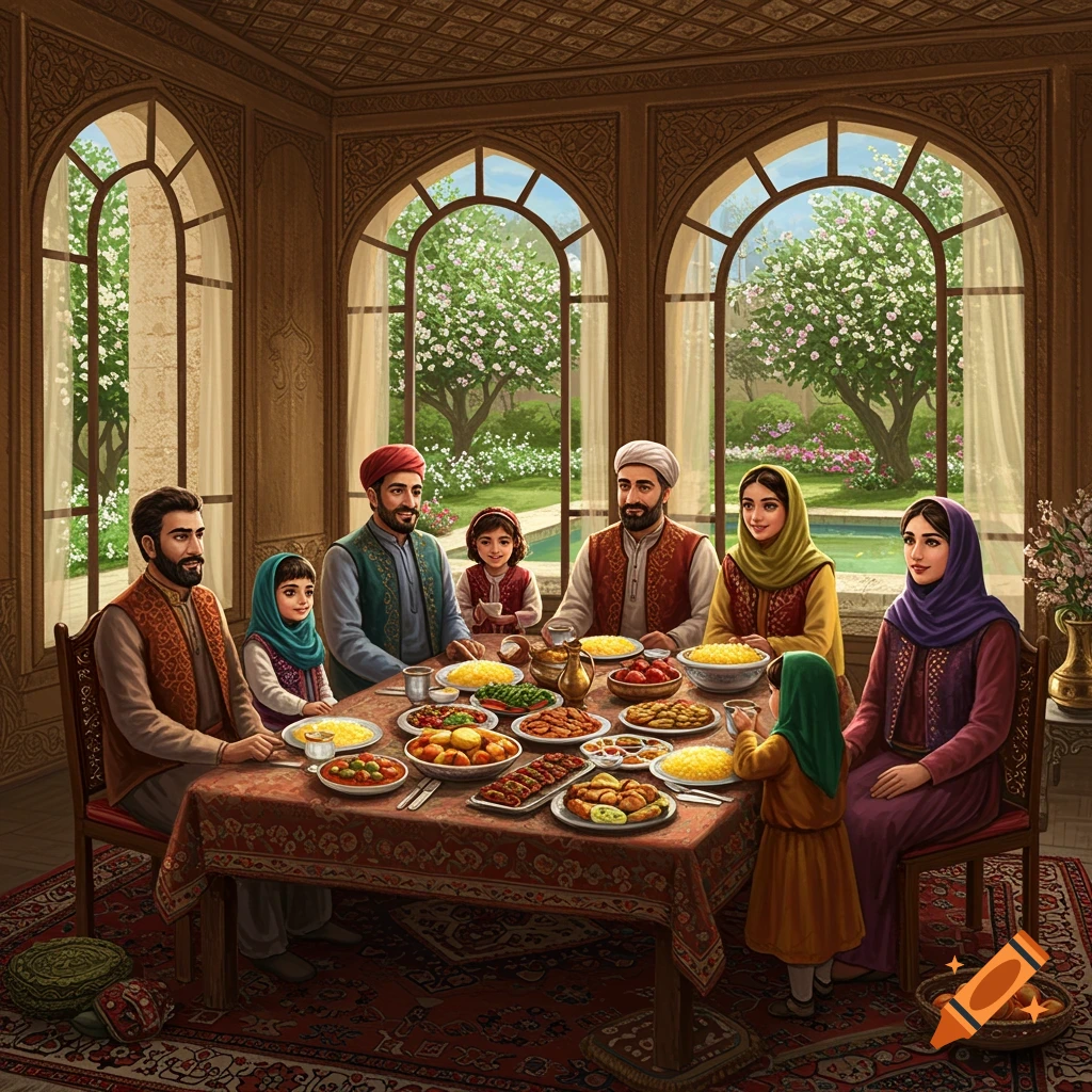 An illustrated Iranian or Middle Eastern family having a large meal around a table in an ornate room with arched windows overlooking a lush garden.