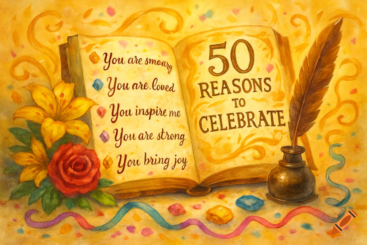 Watercolor illustration of an open book with '50 Reasons to Celebrate' and compliments, alongside flowers and a quill and inkpot.
