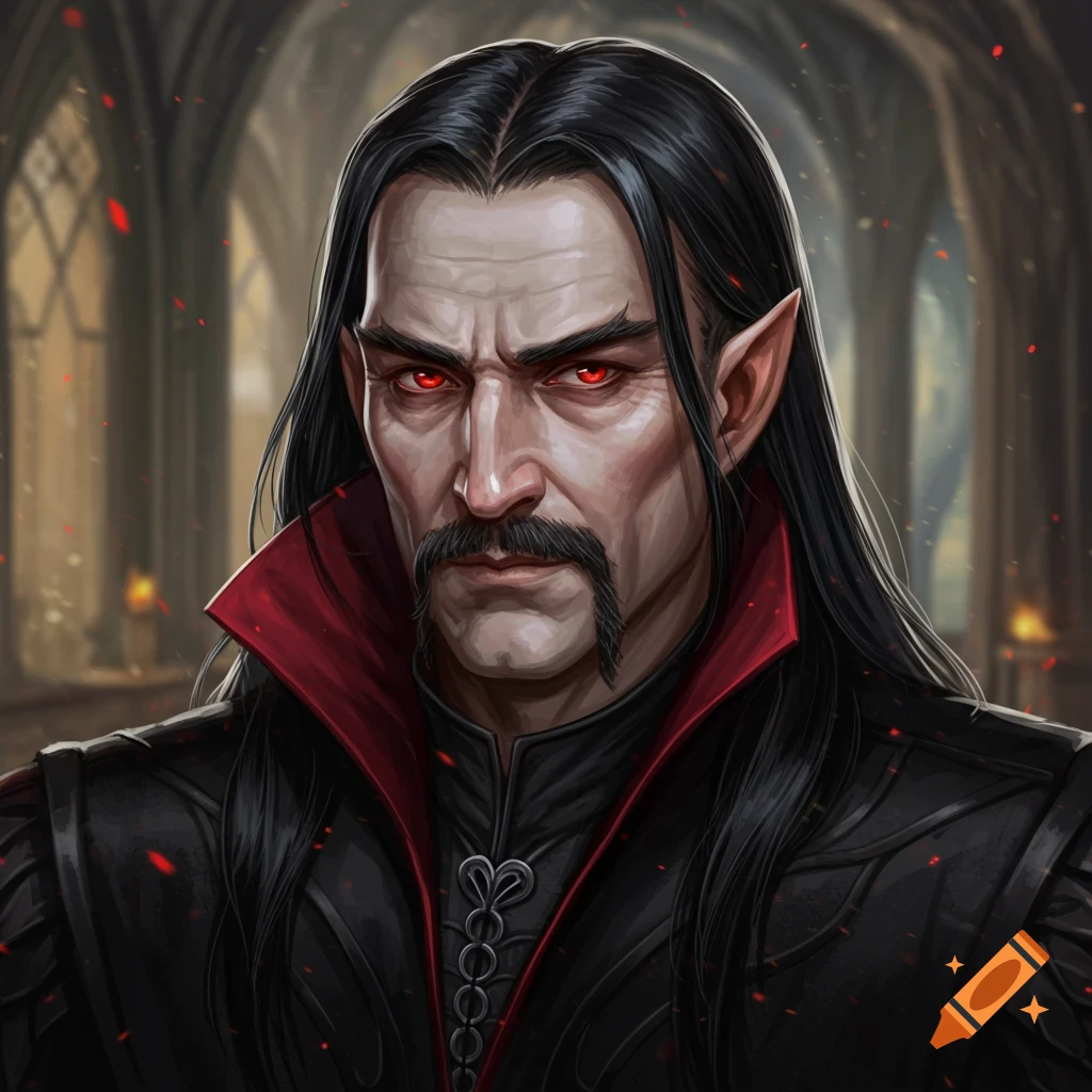 A detailed portrait of an older man with long black hair, a mustache, red eyes, and pointed ears, wearing a black coat with a red-lined collar, in a dark, gothic setting.