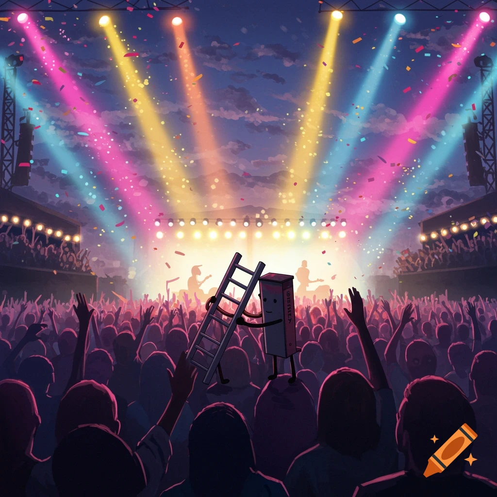 An anthropomorphic ladder and box in a cheering crowd at a vibrant concert with colorful stage lights and falling confetti, digital art.