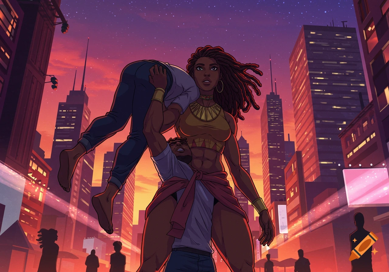 An anime-style image of a strong Black woman with locs lifting a man over her shoulder against a city sunset.