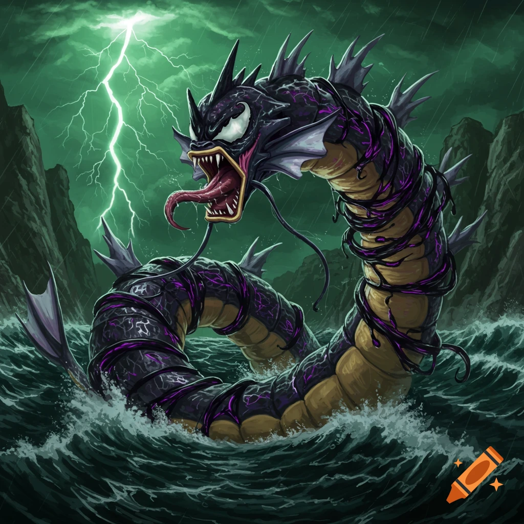 A menacing, black and purple Venom-corrupted Gyarados monster in a stormy green sea with lightning.