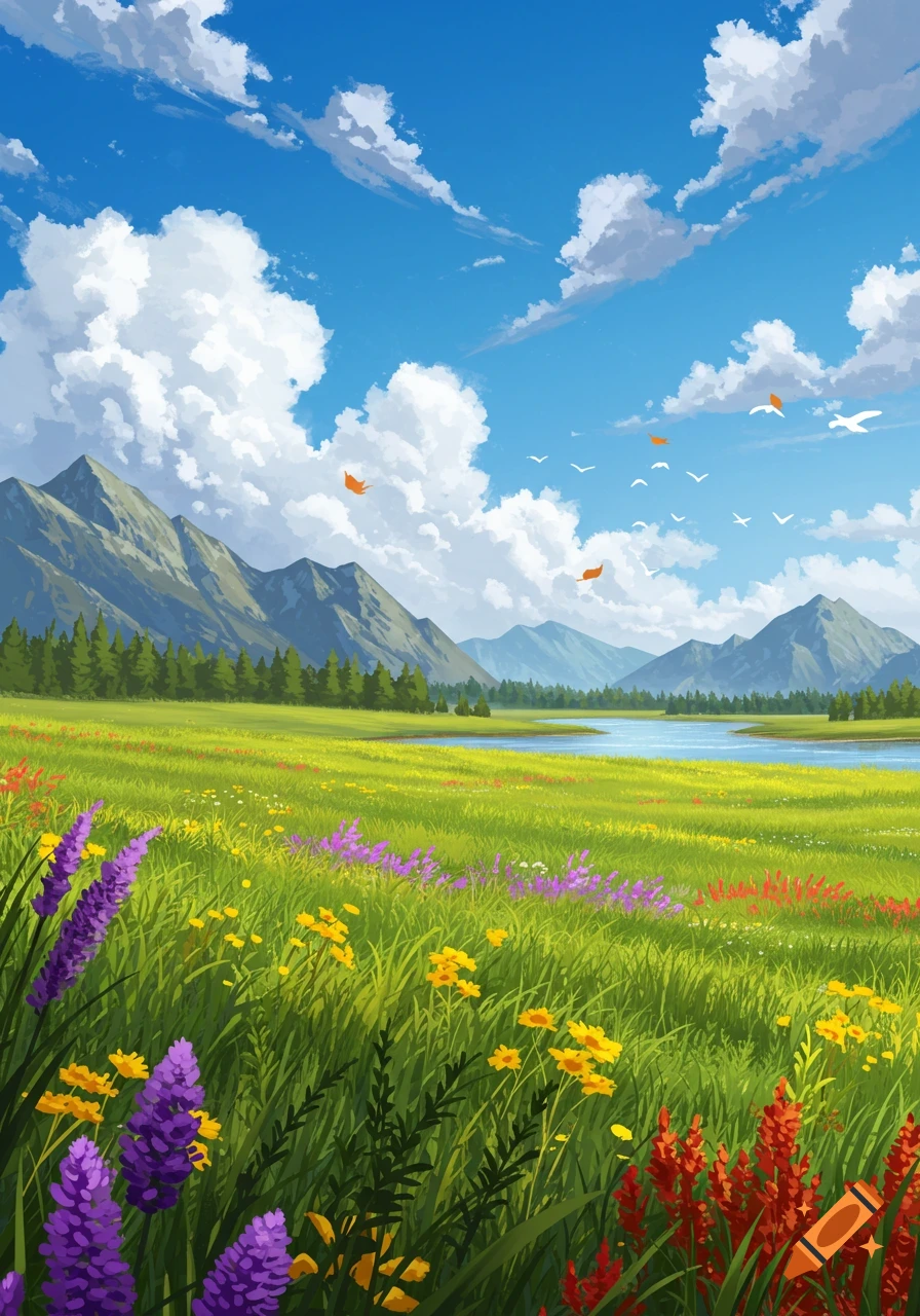 A vibrant digital painting of a mountain landscape with a lake, green fields, and colorful wildflowers under a blue sky with clouds and stylized birds.