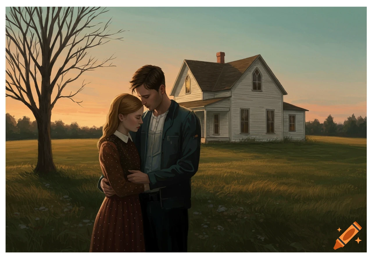 A man and woman embrace in a field before a white farmhouse and bare tree at sunset, in a painting style.