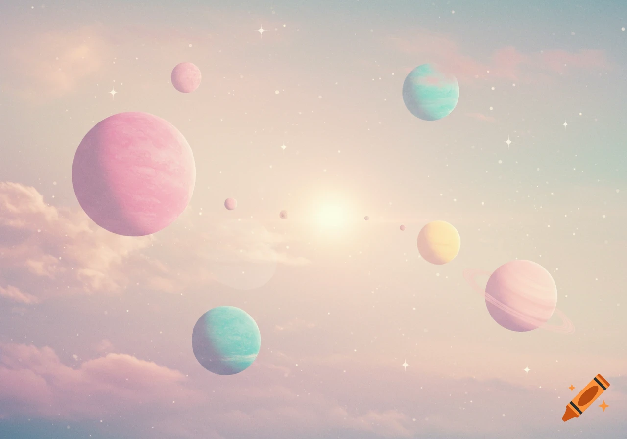 Pastel colored planets and stars in a soft cosmic sky with a glowing sun-like orb and wispy clouds.