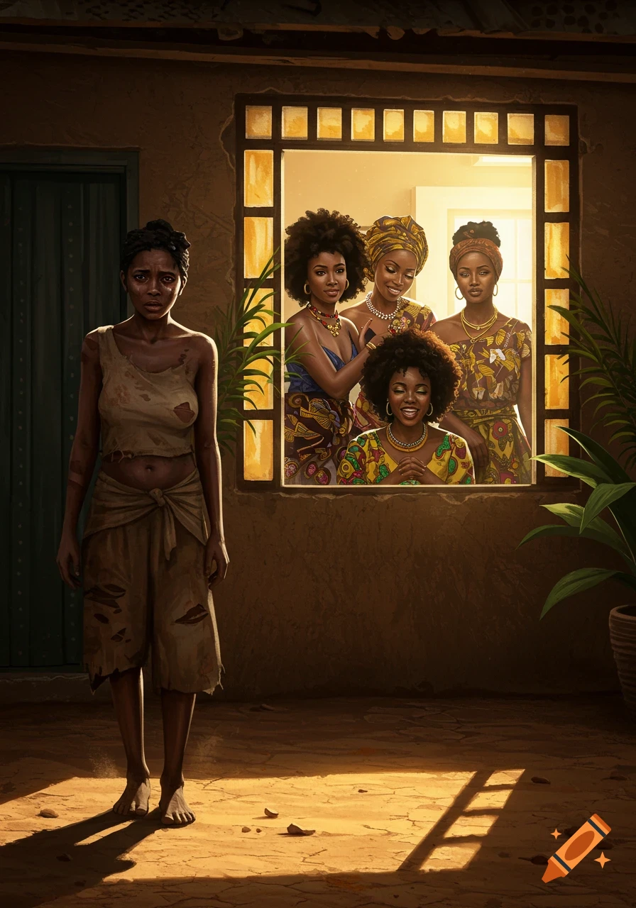 A distressed woman in tattered clothes stands outside a building, while four well-dressed women in traditional African attire and jewelry look out from a sunlit window, smiling.