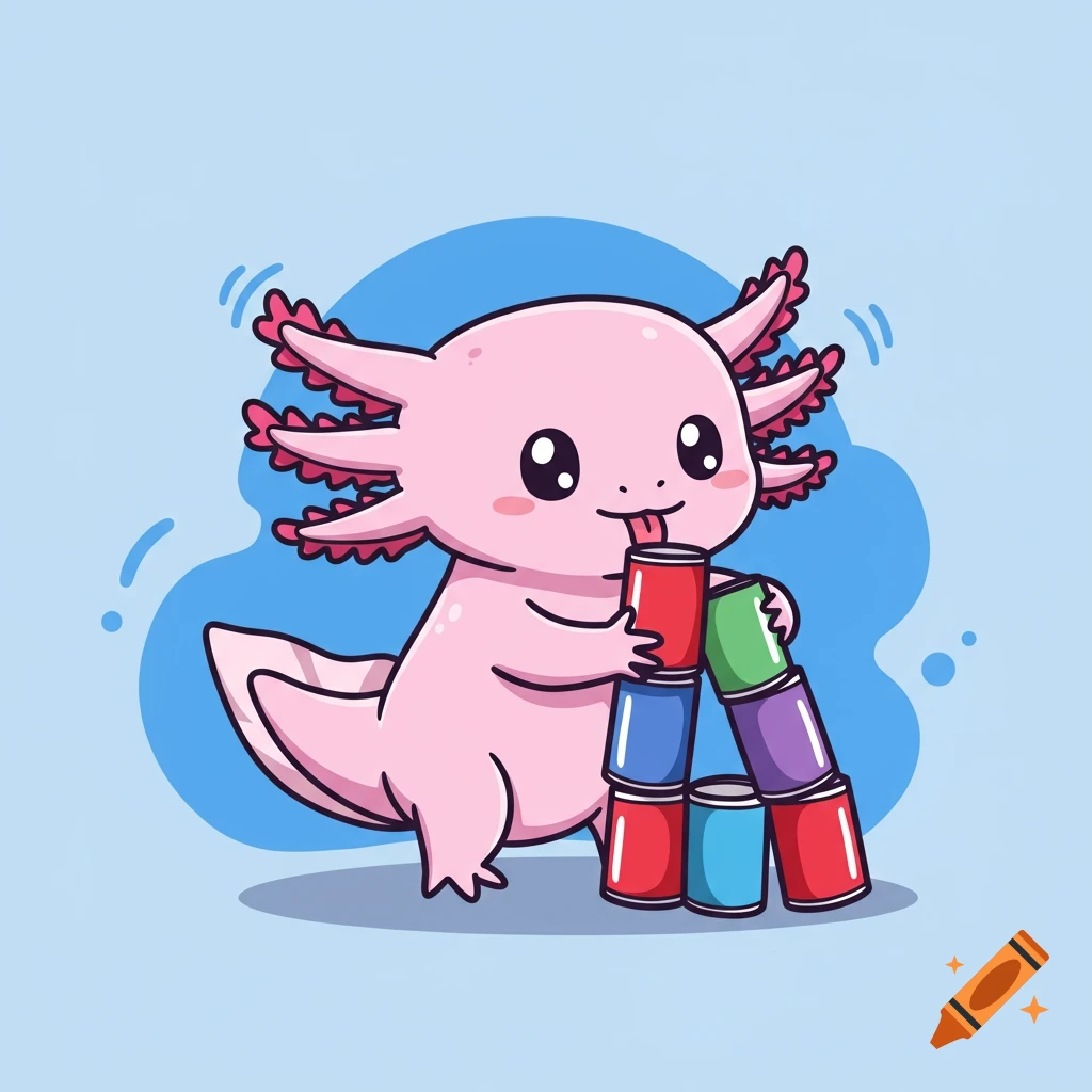 A cute pink cartoon axolotl with big eyes and a tongue sticking out, carefully stacking colorful cans.
