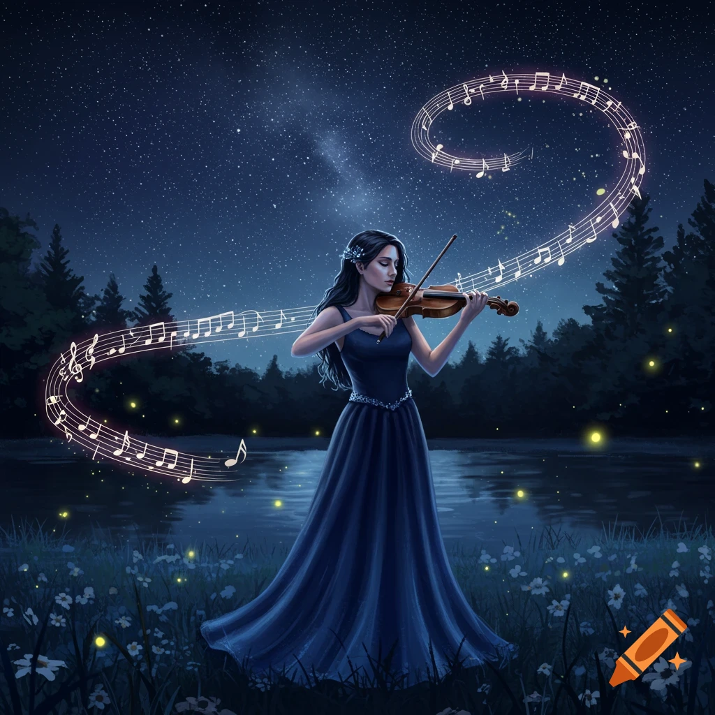 A woman in a blue gown plays a violin under a starry night sky, with glowing musical notes swirling over a lake in a forest.
