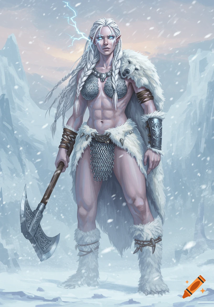 A powerful female warrior with white braids, glowing eyes, and a lightning mark, clad in chainmail and fur, stands in a snowy mountain landscape with an axe.