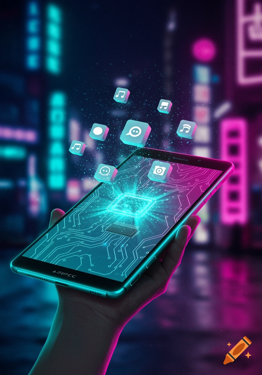 A hand holds a glowing smartphone with a circuit board design. Floating app icons and a bright processor core emanate light in a neon city background.