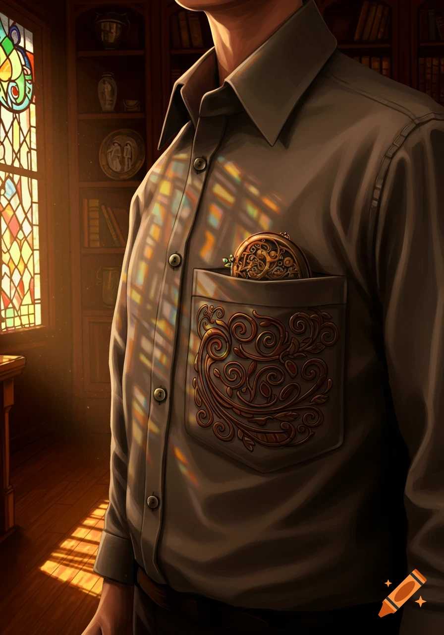 A close-up illustration of a person in a brown shirt with an ornate, embossed pocket. A decorative object peeks from the pocket, illuminated by colorful light from a stained-glass window.