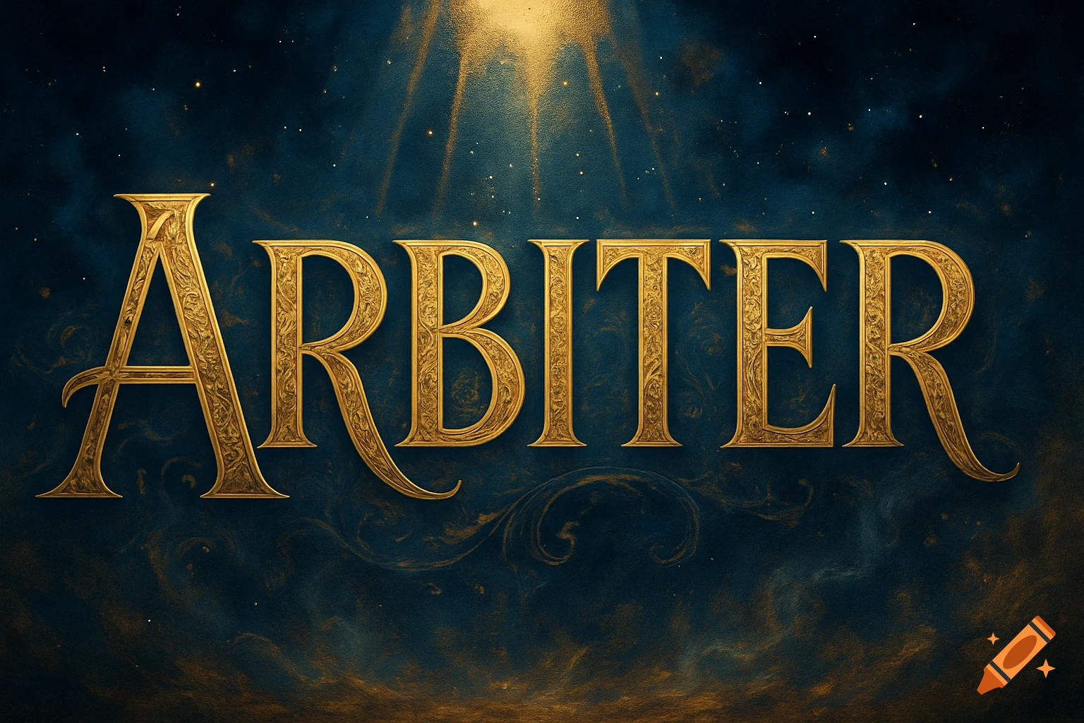 Golden ornate letters spell ARBITER on a dark blue textured background with golden light rays.