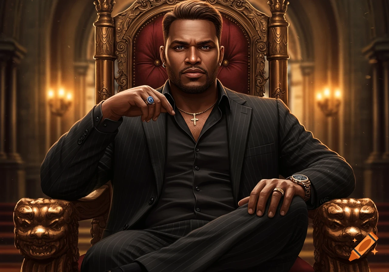 A powerful man with a beard sits confidently on an ornate gold and red throne, wearing a black pinstripe suit and jewelry.