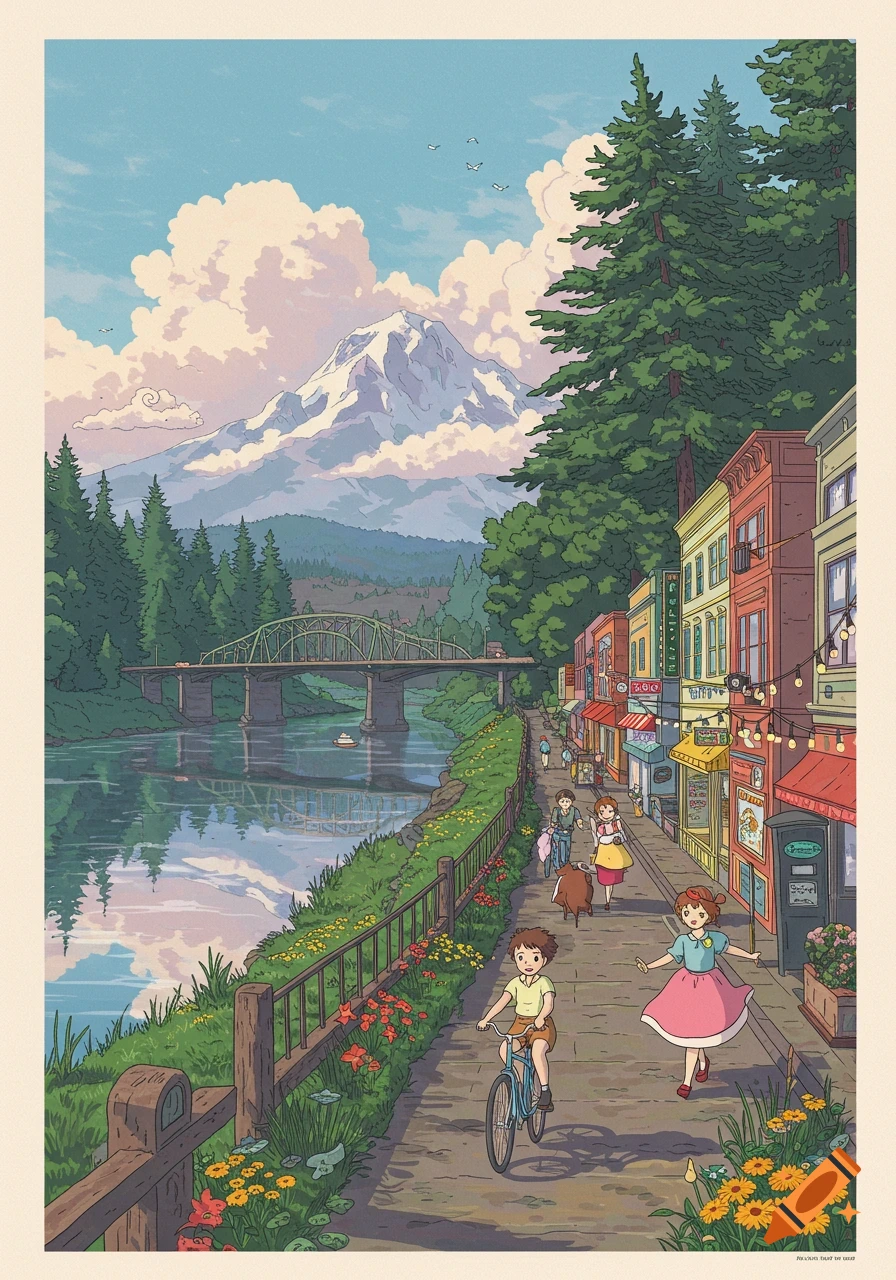 Studio Ghibli style illustration of a town by a river with a mountain in the background. People are walking and biking on a path along the river.