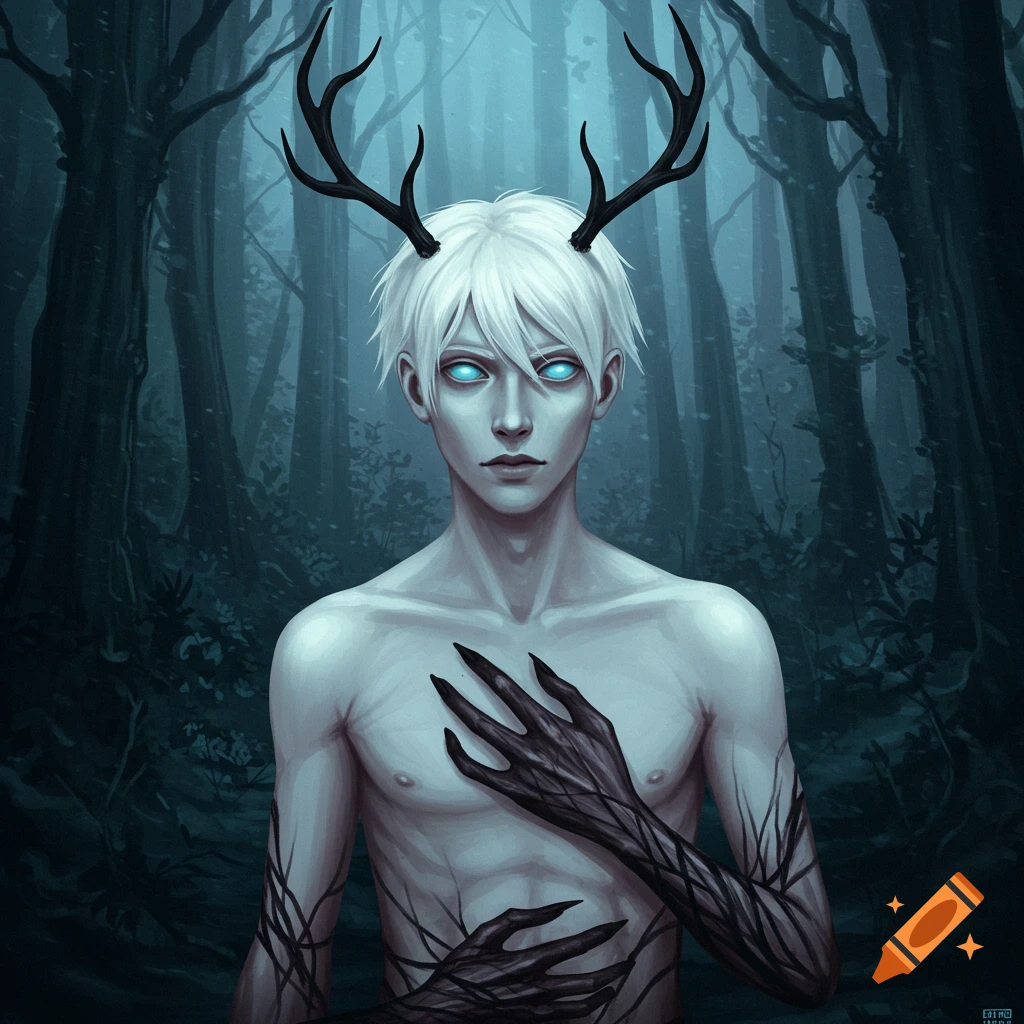 A white-haired man with glowing blue eyes and black antlers stands shirtless in a dark, misty forest, his arms covered in black, branch-like corruption.
