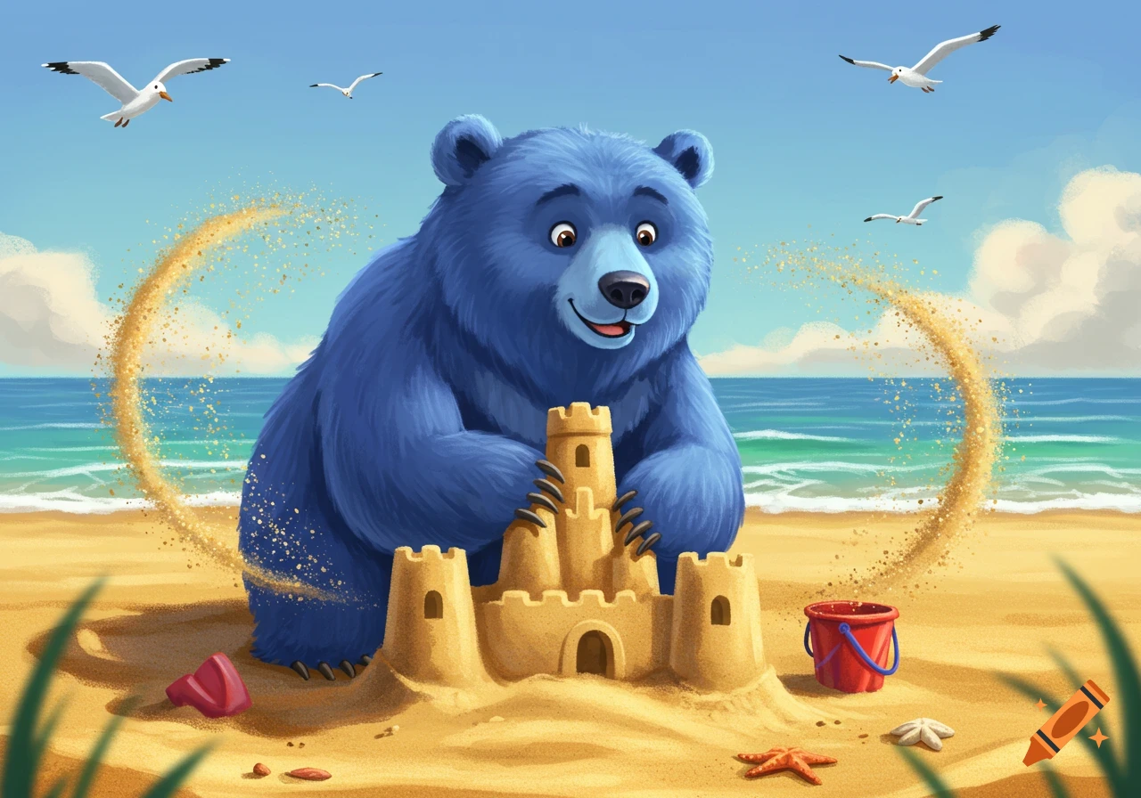 A smiling blue bear builds a sandcastle on a sunny beach, with seagulls flying in the sky.