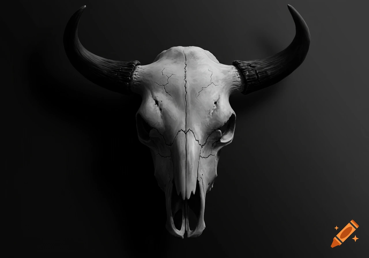A realistic black and white depiction of a bison skull with horns against a dark background.
