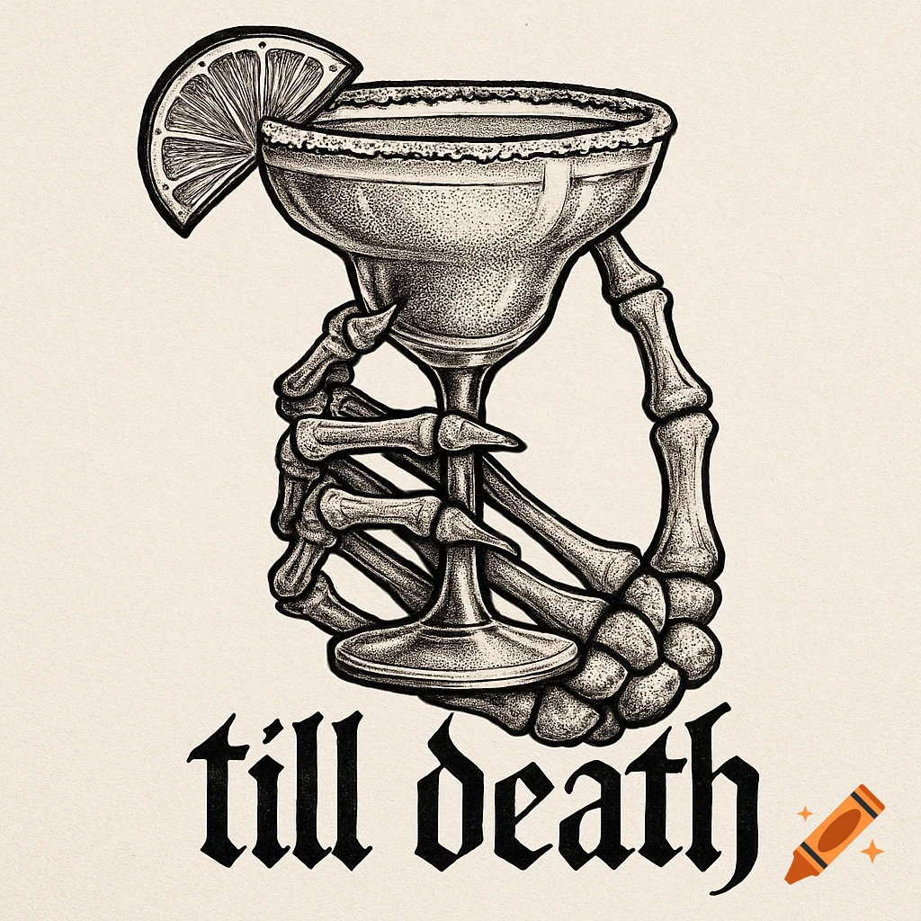 Black and white stippled illustration of a skeleton hand holding a margarita glass with a lime slice, above the words 'till death'.