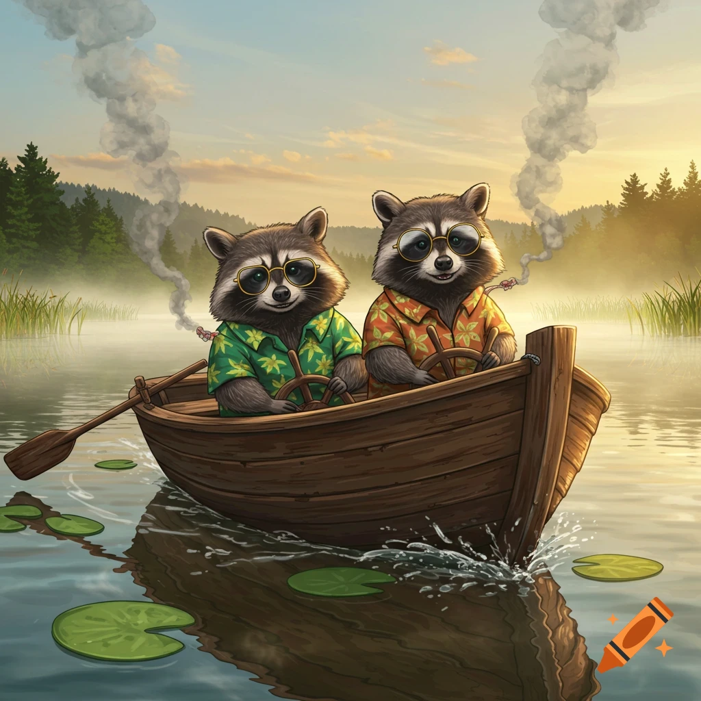 Two raccoons in sunglasses and Hawaiian shirts drive a wooden boat across a misty lake at sunset, illustrated.