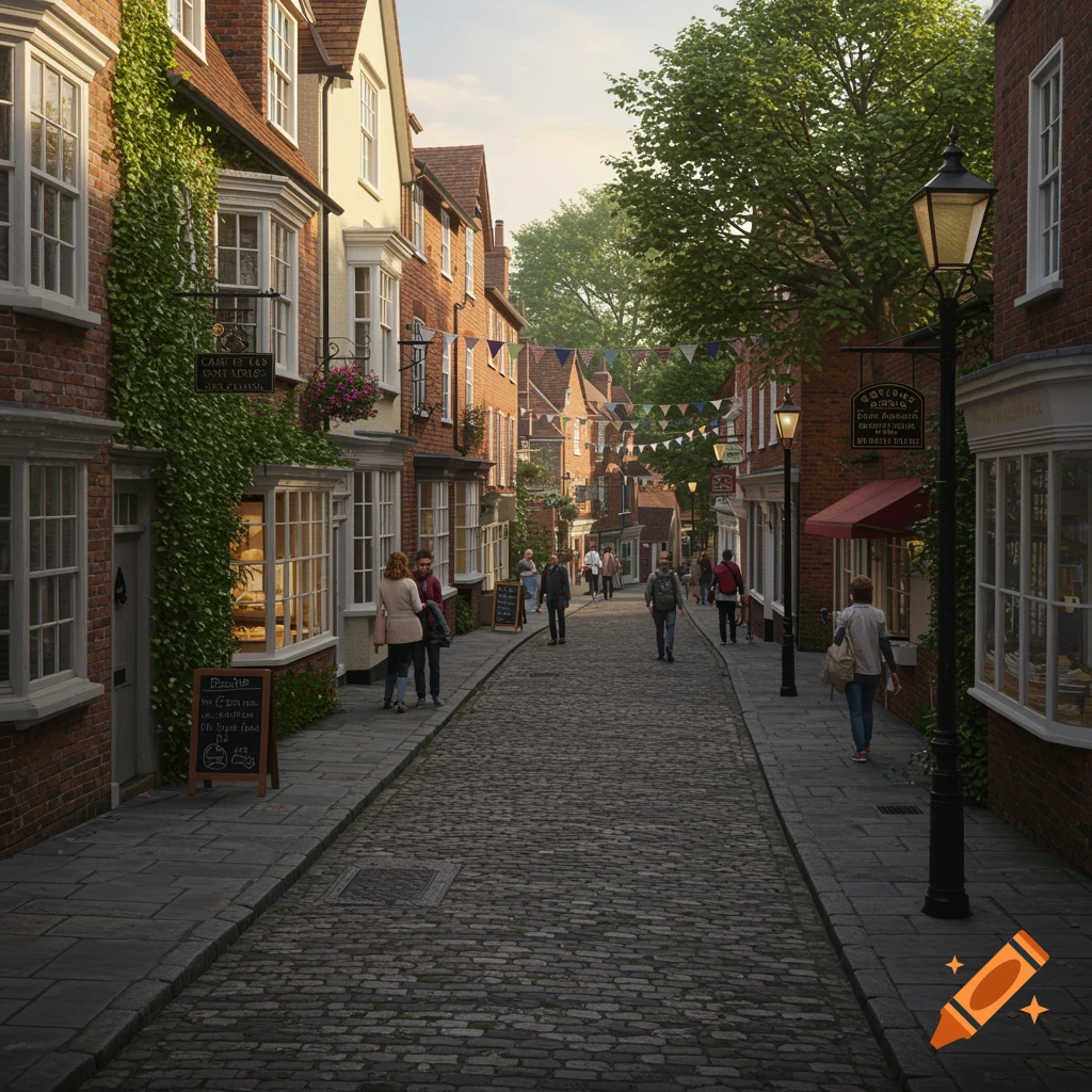 A photorealistic image of a narrow, cobbled street lined with traditional brick buildings and shops, with people strolling.