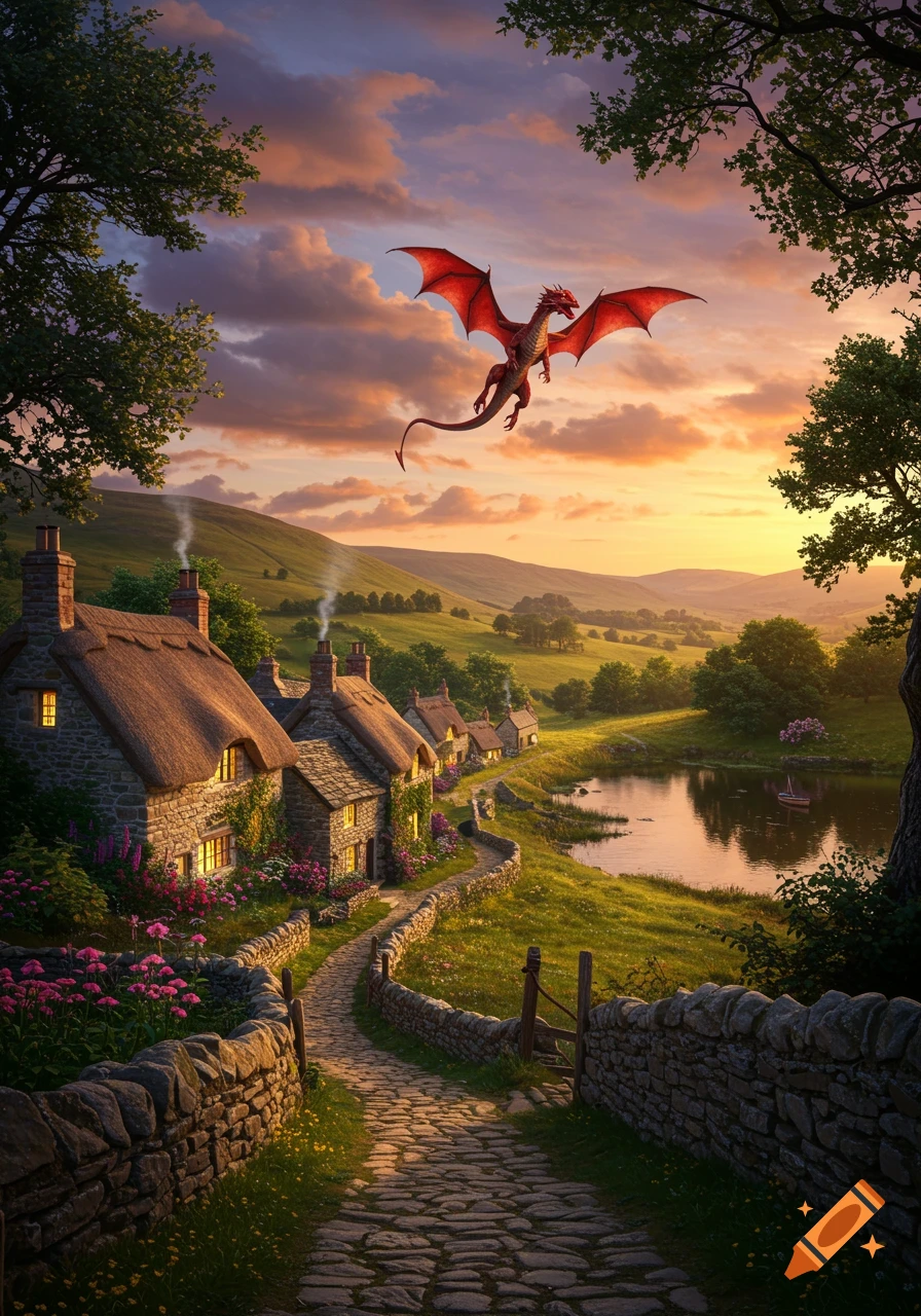 A vibrant red dragon flies over a picturesque Welsh-style village with thatched cottages, a stone path, and a pond at sunset.