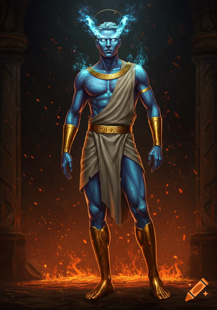 A muscular blue-skinned man with glowing eyes and fiery energy around his head stands in ancient gold and linen attire amidst flames.