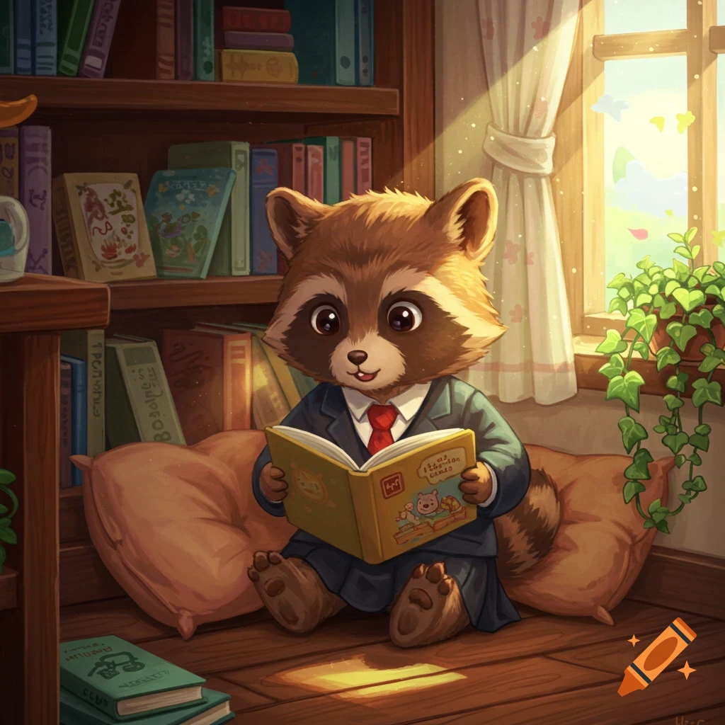 A cute cartoon raccoon wearing a suit and red tie sits on pillows, reading a book in a sunlit room with bookshelves.
