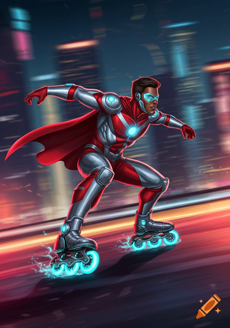 A male superhero in red and silver suit and cape on glowing roller skates speeds down a city street at night in a comic book style.