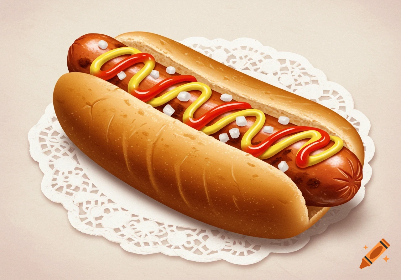 A stylized illustration of a hot dog with ketchup, mustard, and diced onions on a white doily.