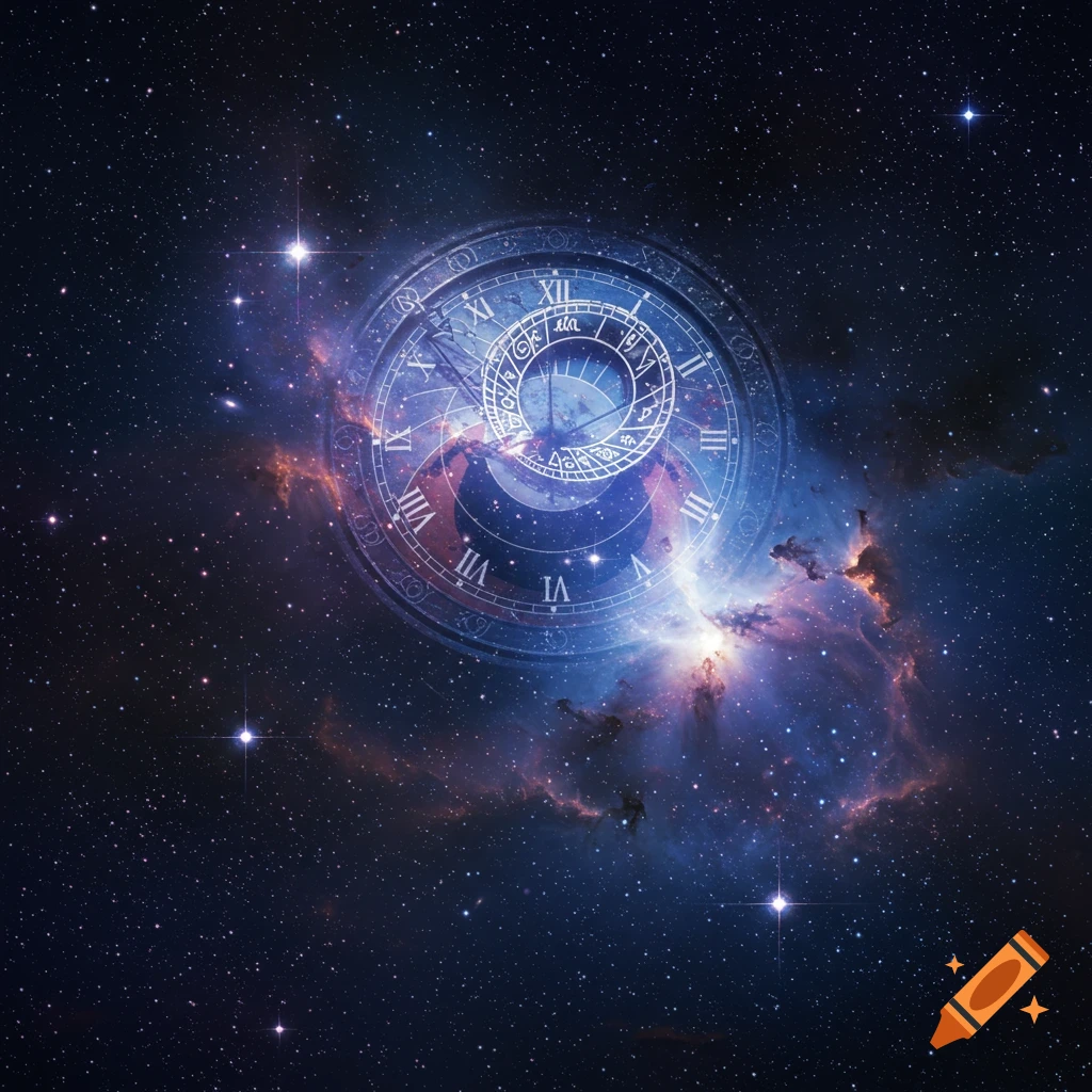 A large, ornate clock face with Roman numerals floats amidst a vibrant star-filled nebula in deep space.