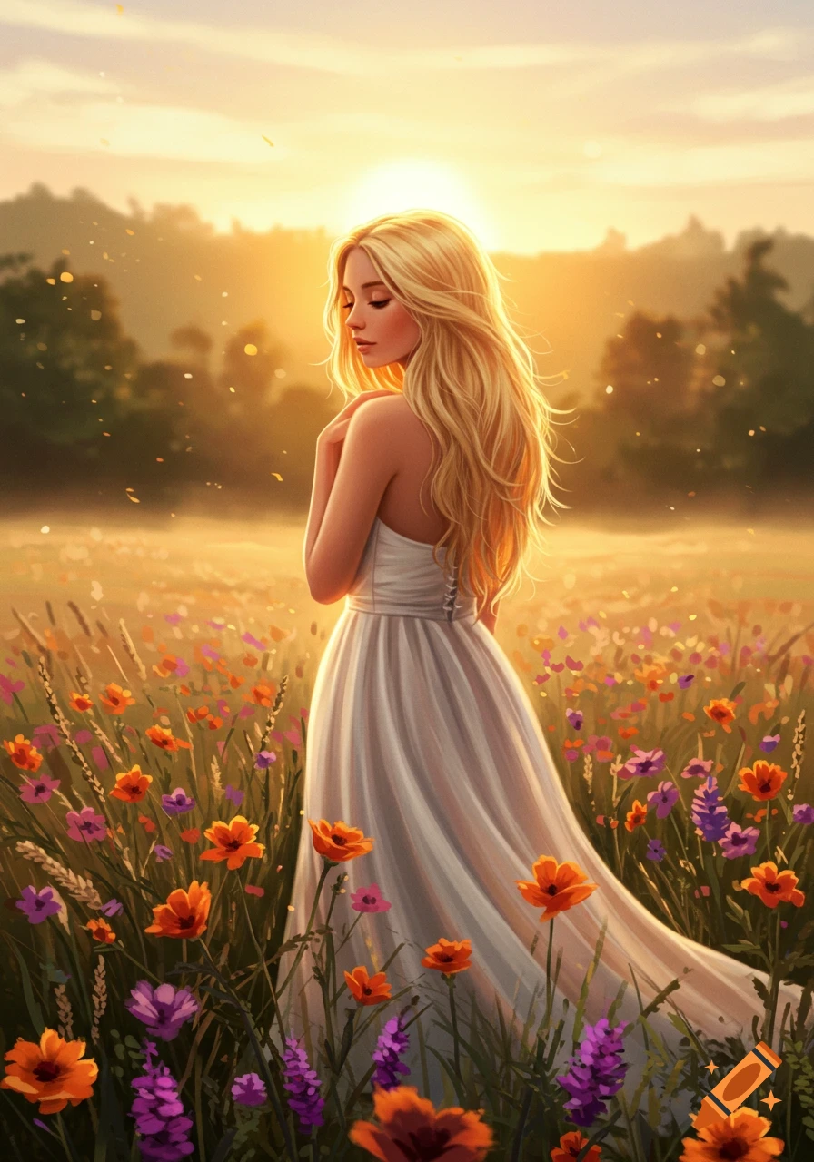 A blonde woman in a white dress stands in a vibrant field of colorful flowers at sunset, looking over her shoulder.