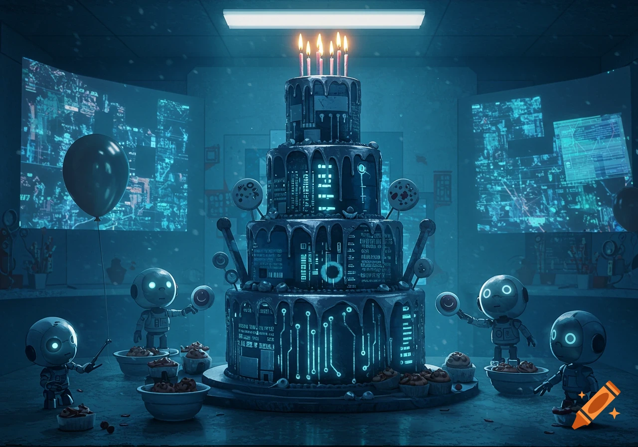 Cute robots celebrate a birthday around a tech-themed cake in a futuristic, snowy setting.