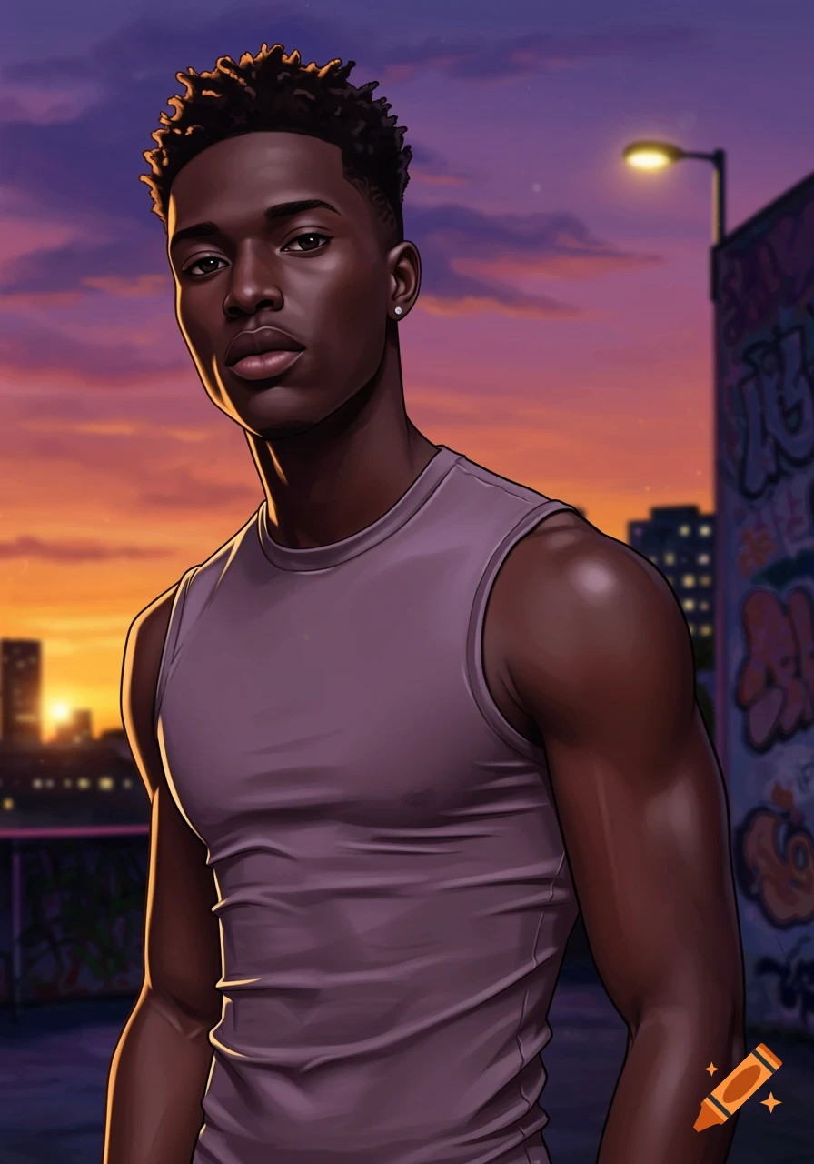 An illustrated portrait of a young Black man with a muscular build and short curly hair, wearing a tank top, against an urban sunset backdrop.