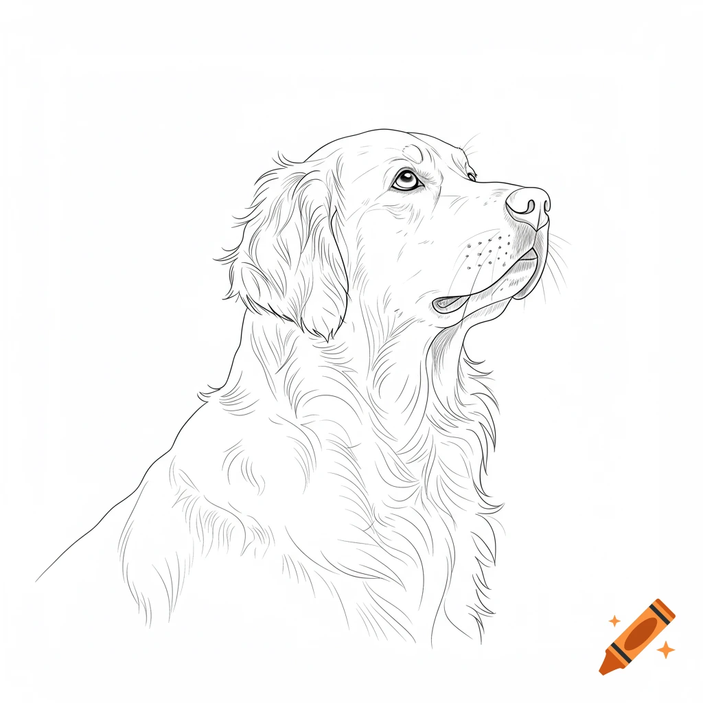 A black and white line drawing of a golden retriever's head and chest, looking up and to the right.