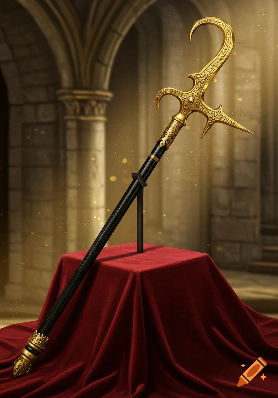 An ornate golden and black bec-de-corbin ceremonial staff displayed on a red velvet stand in a stone hall.