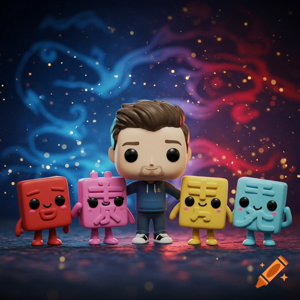 A Funko Pop figure of a man standing with four colorful, cube-shaped characters, against a mystical blue and red background.