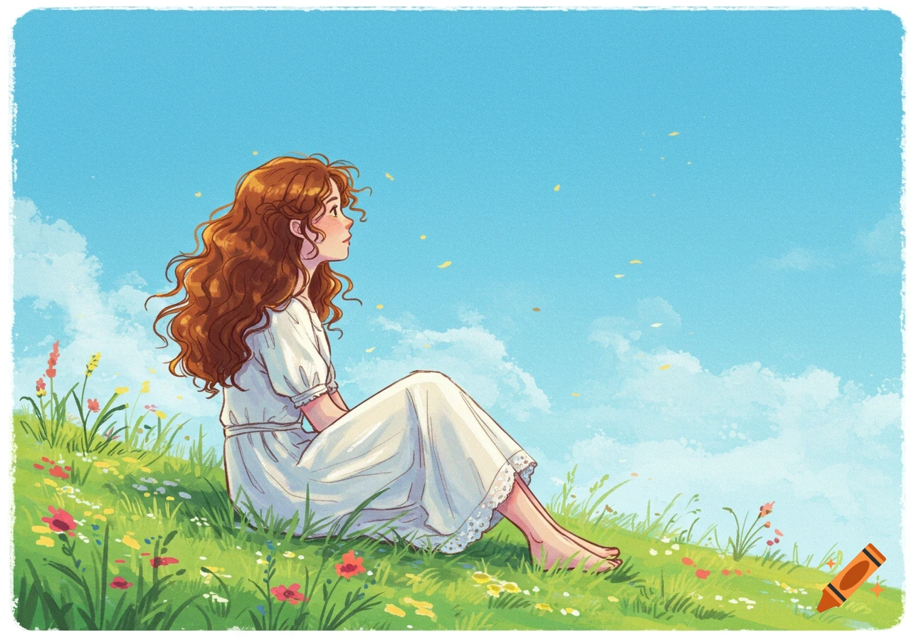 An illustrated young girl with long, wavy brown hair sits on a grassy hill filled with colorful wildflowers, looking up at a bright blue sky with faint clouds.