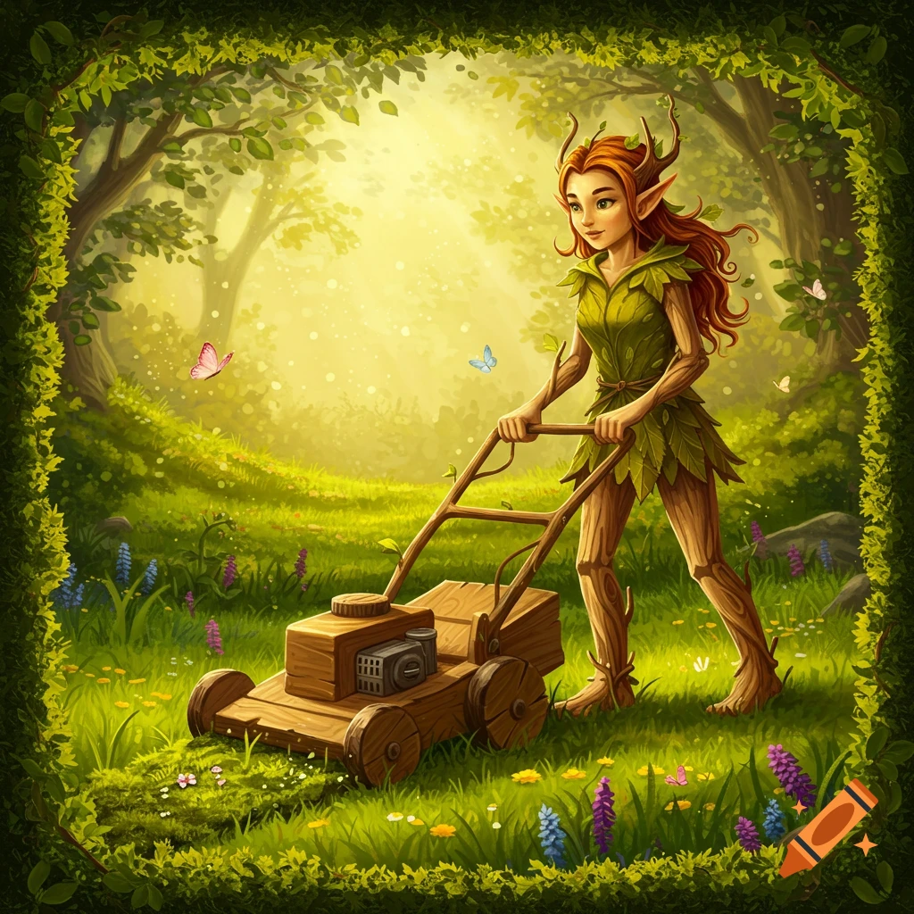 A wood elf with leafy clothes and branches in her hair pushes a wooden lawnmower in a sunlit forest. Butterflies flit around wildflowers.