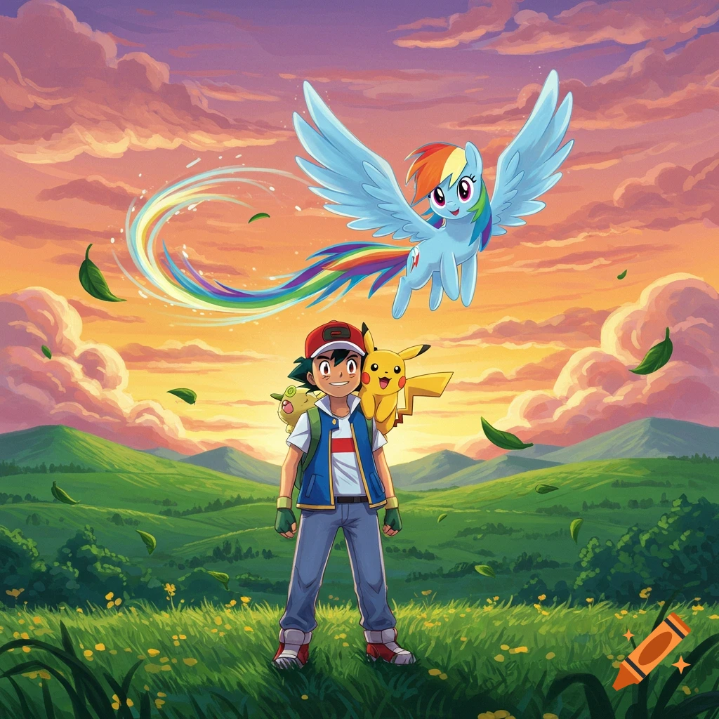 Ash Ketchum, Pikachu, and Togepi stand in a green field with hills, as Rainbow Dash flies overhead against a vibrant sunset sky. Cartoon style.