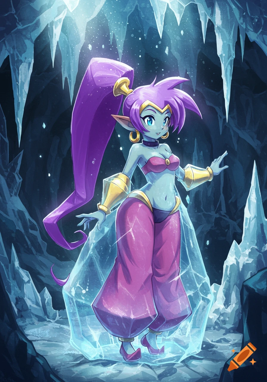 A stylized female character with purple hair and blue skin, resembling Shantae, stands partially encased in ice within an icy cave.