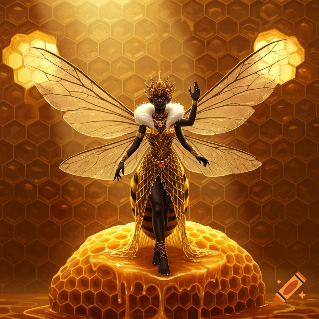 A regal queen bee character with dark skin, golden armor, white fur collar, and large bee wings stands on a golden honeycomb mound.