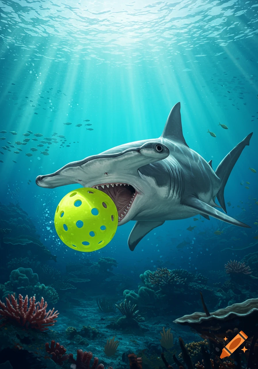 A hammerhead shark underwater biting a bright green pickleball with blue holes. Sunbeams shine through the water.