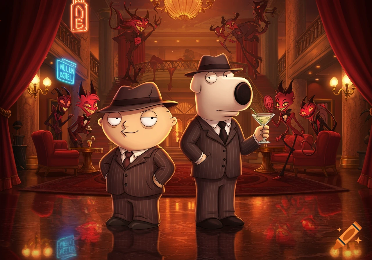 Stewie and Brian Griffin in pinstripe suits and fedoras, standing in a grand hotel lobby with red curtains and pillars. Cartoon demons from Hazbin Hotel are in the background. Brian holds a martini.