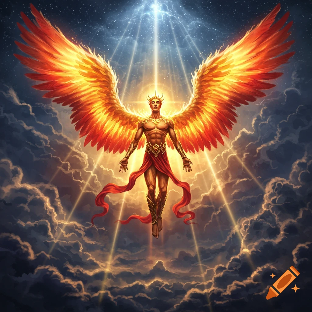 A radiant seraphim with fiery wings ascends through clouds, bathed in bright, divine light from the heavens.